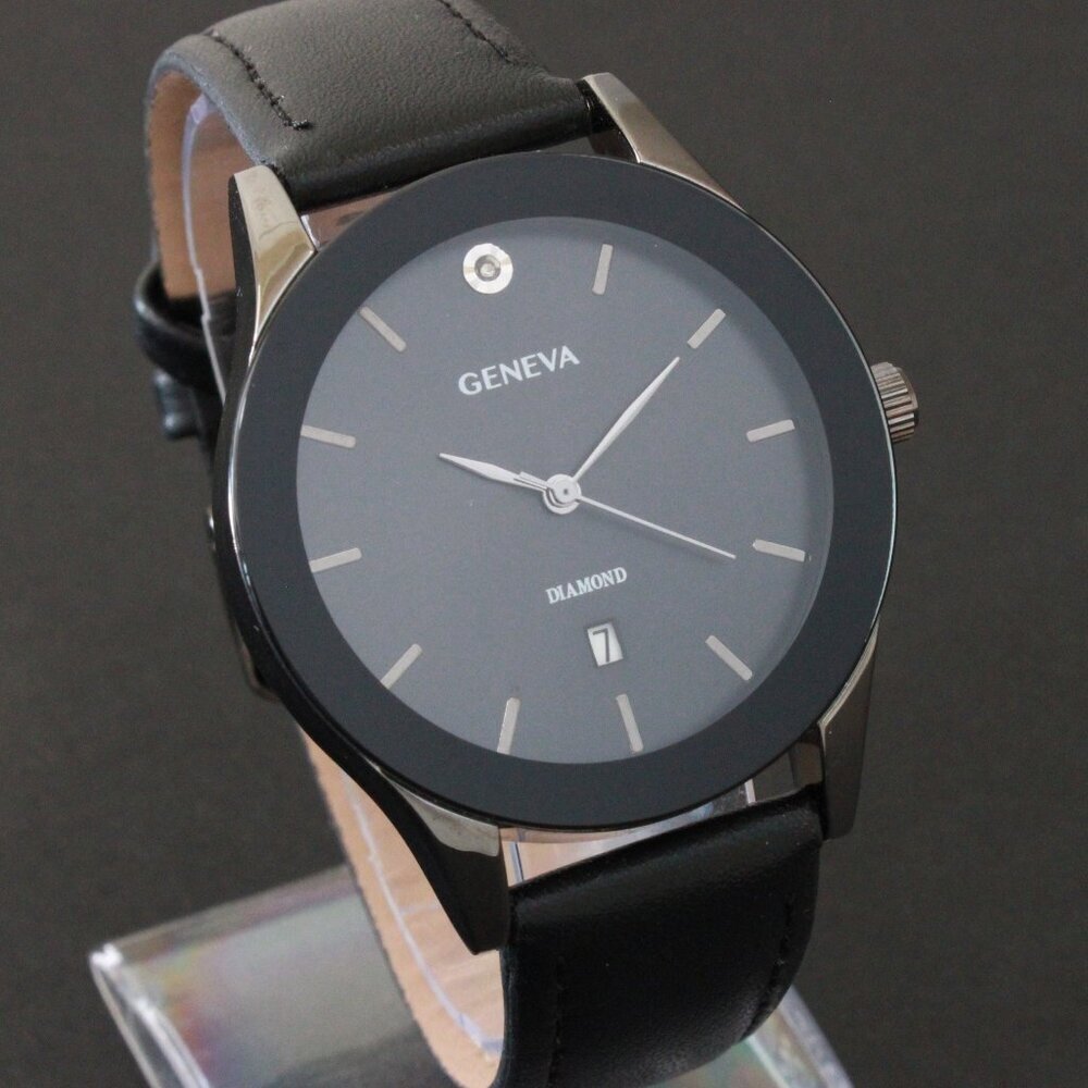 Geneva Men's Dress Watch Diamond At 12 Blacked Out Leather Strap 42mm